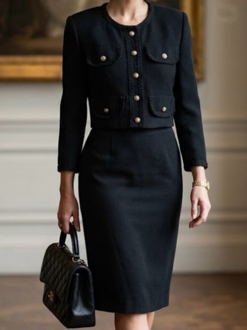 Zone California Black Skirt Suit Cropped Jacket Gold Buttons Old Money Parisian